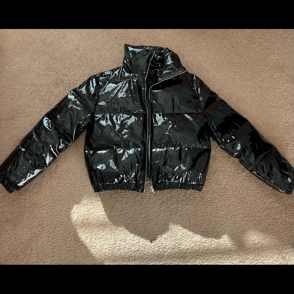Black Cropped Vinyl Puffer Jacket